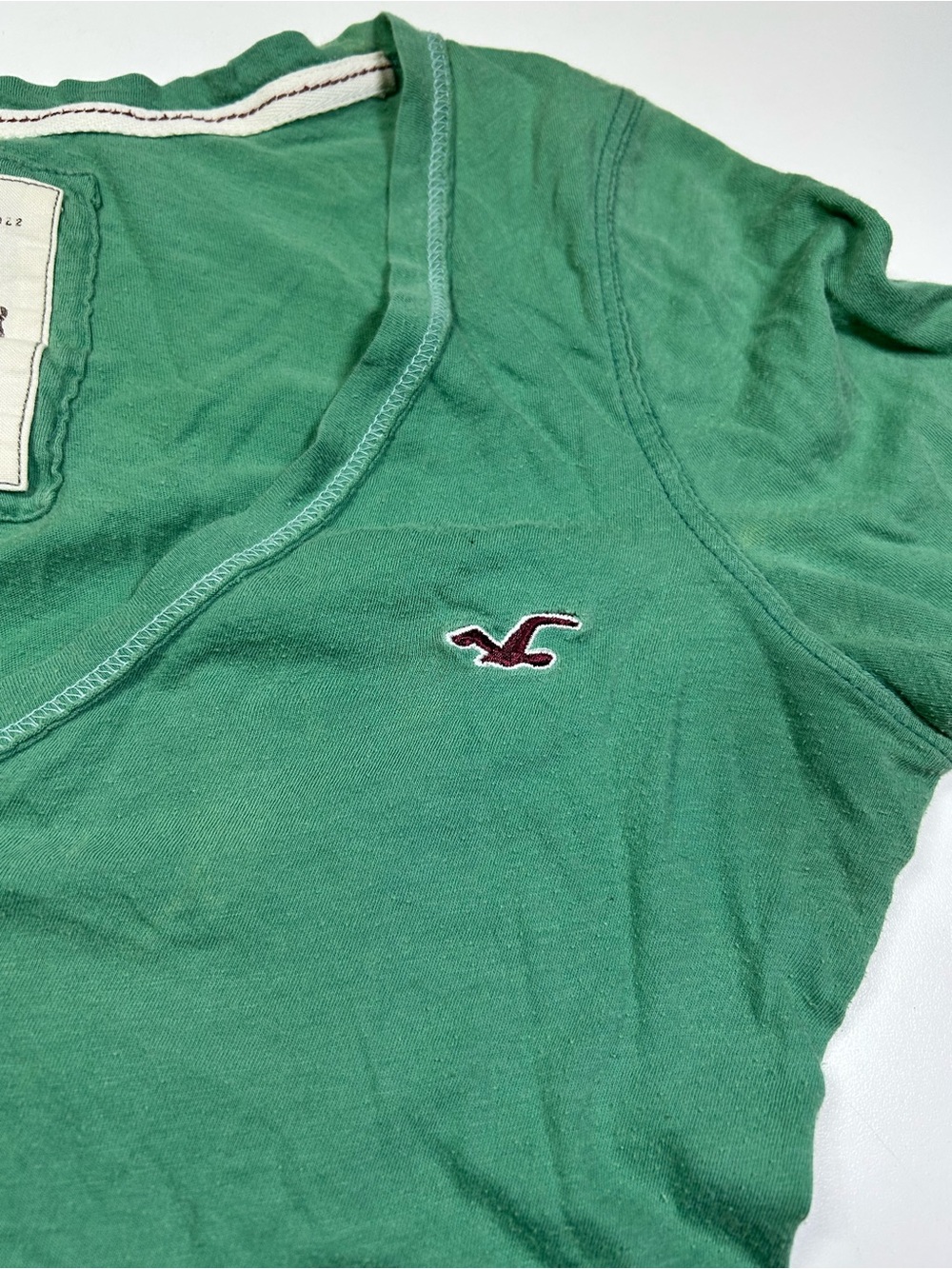 Hollister Women's Large Green V-Neck Elbow Sleeve Tee 100% Cotton Vintage - Picture 4 of 11